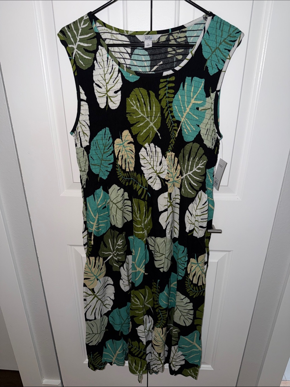 Sleeveless Tropical Leaf Midi Dress - Black with Teal & Olive Leaves